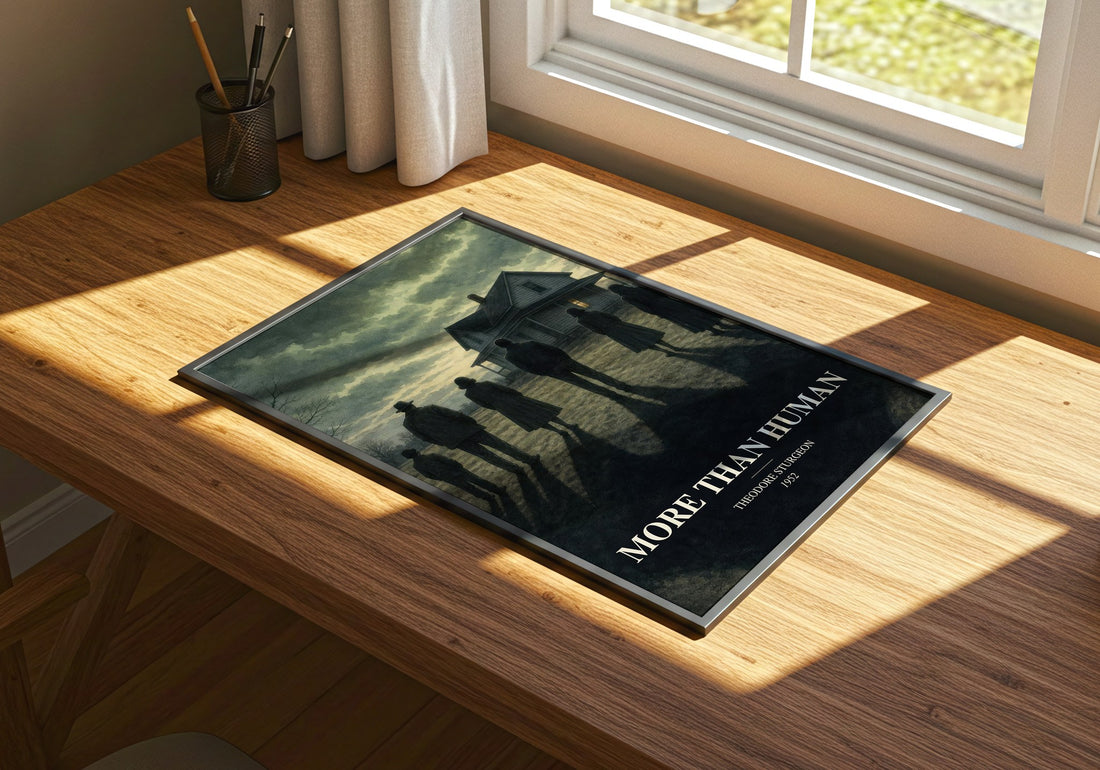More Than Human watercolour book poster framed on wall – sci fi wall art