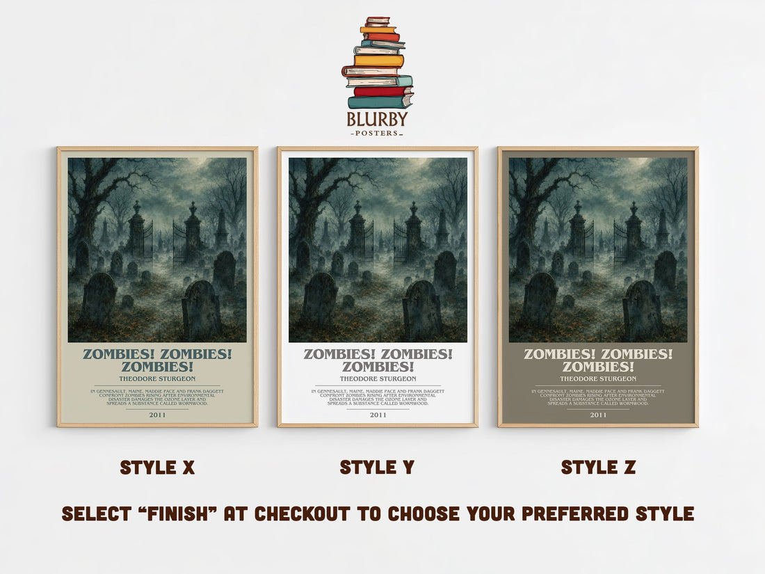 Zombies! Zombies! Zombies! bookish print in frame leaning in hallway – sci fi wall art (mockup)