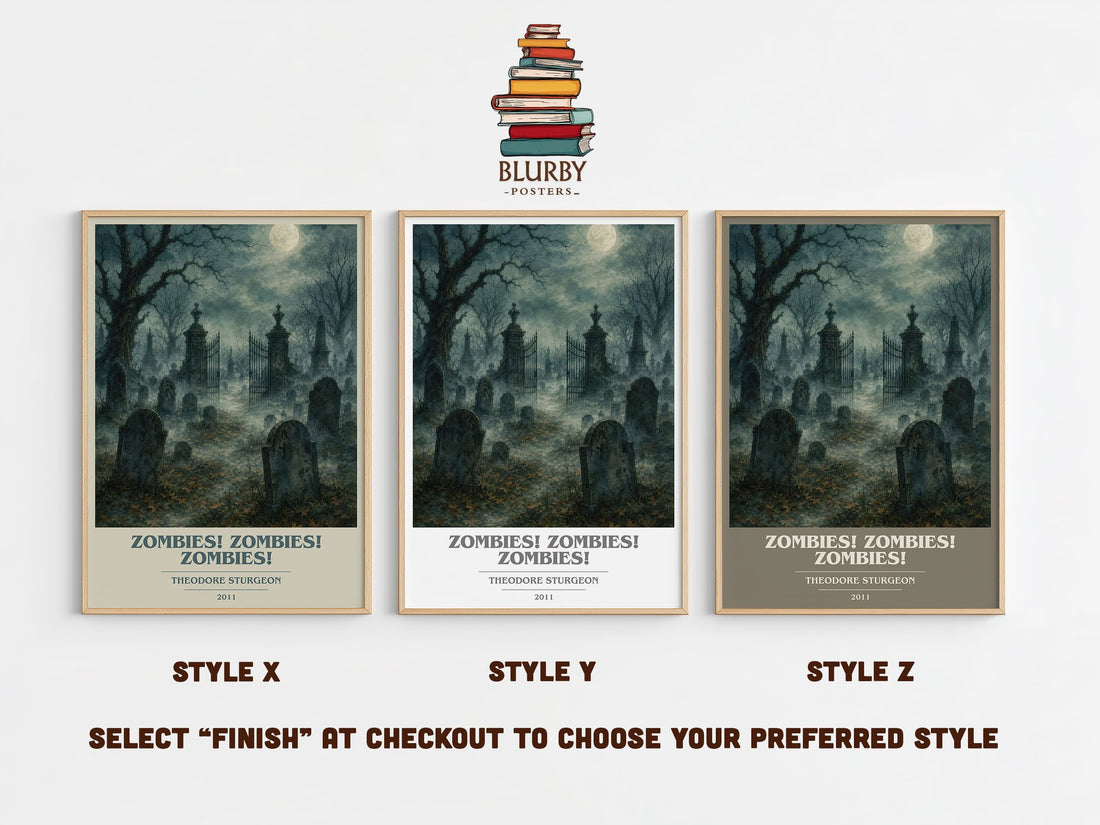 Zombies! Zombies! Zombies! book cover print in frame leaning in hallway – sci fi wall art (mockup)