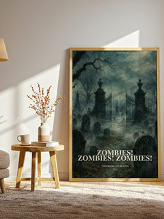 Zombies! Zombies! Zombies! watercolour print in frame leaning in hallway – sci fi wall art