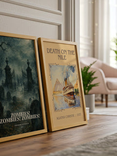 Zombies! Zombies! Zombies! watercolour print framed by window – literary home decor
