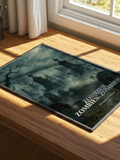 Zombies! Zombies! Zombies! watercolour book poster framed on wall – sci fi wall art