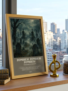 Zombies! Zombies! Zombies! bookish print framed by window – literary home decor