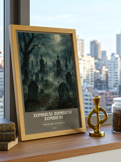 Zombies! Zombies! Zombies! book cover print framed by window – literary home decor