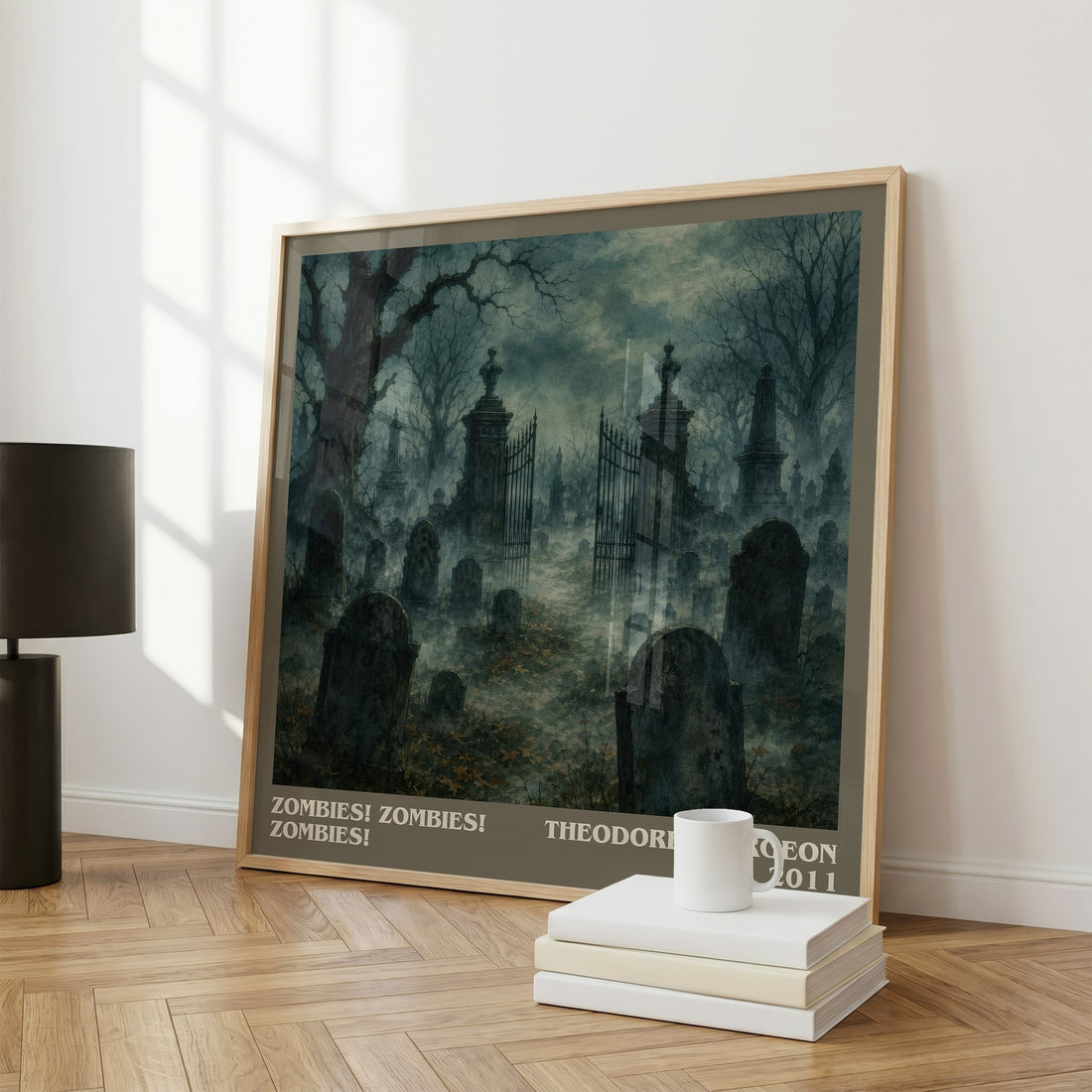 Zombies! Zombies! Zombies! literary print framed by window – literary home decor