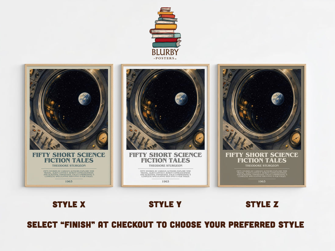 Fifty short science fiction tales bookish print in frame leaning in hallway – sci fi wall art (mockup)