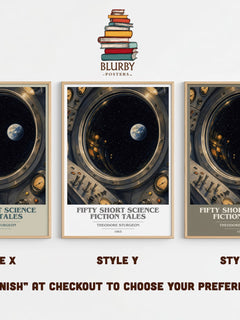 Fifty short science fiction tales book cover print in frame leaning in hallway – sci fi wall art