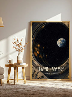 Fifty short science fiction tales watercolour print in frame leaning in hallway – sci fi wall art