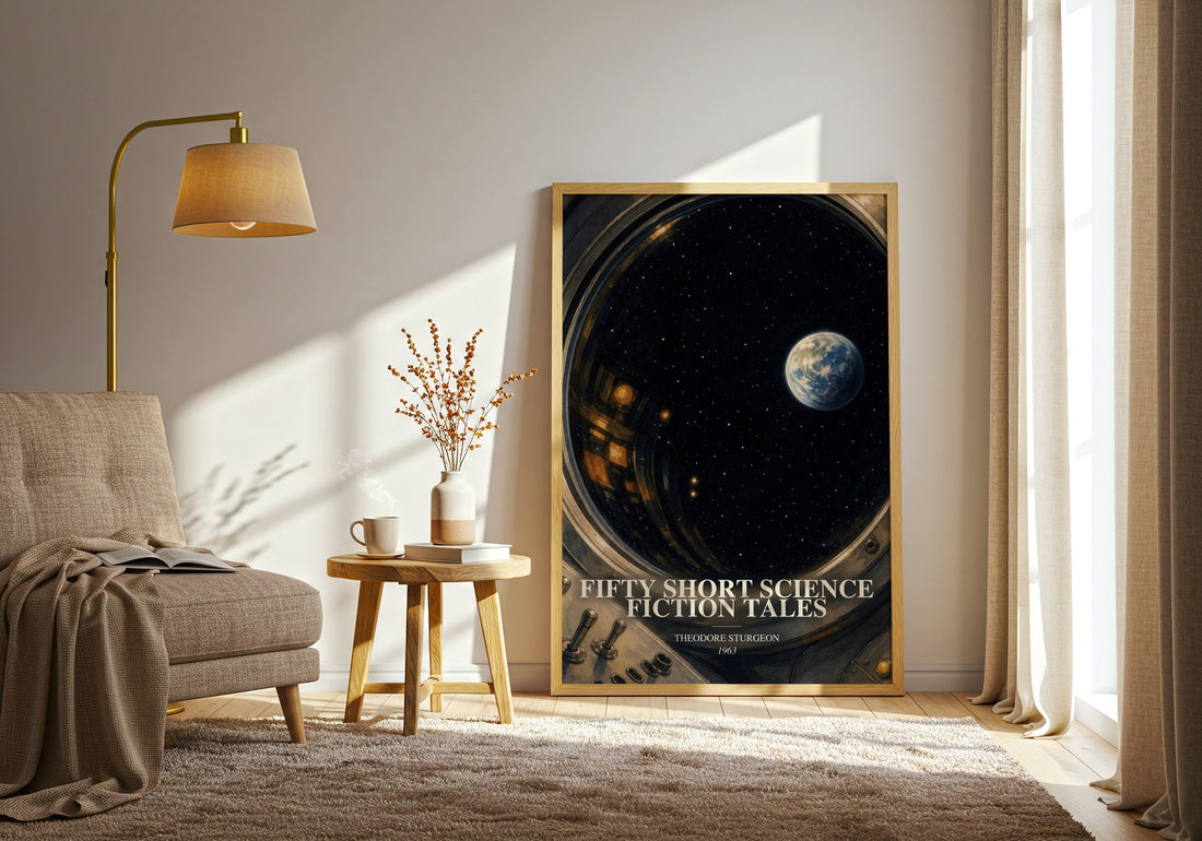 Fifty short science fiction tales watercolour print in frame leaning in hallway – sci fi wall art