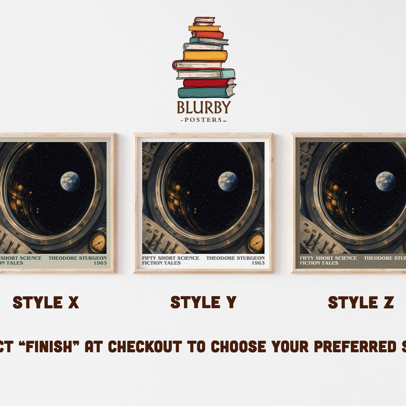 Fifty short science fiction tales literary print in frame leaning in hallway – sci fi wall art