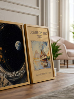 Fifty short science fiction tales watercolour print framed by window – literary home decor