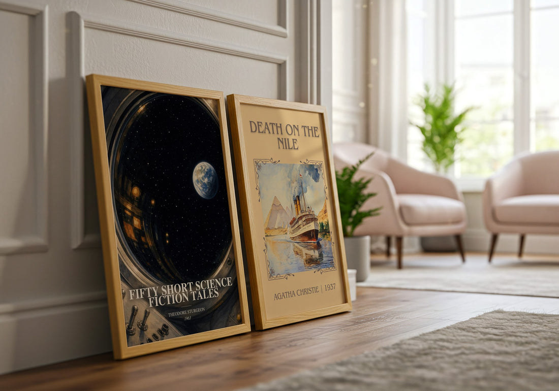 Fifty short science fiction tales watercolour print framed by window – literary home decor