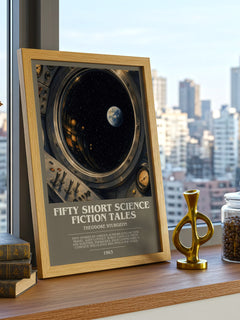 Fifty short science fiction tales bookish print framed by window – literary home decor