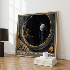 Fifty short science fiction tales literary print framed by window – literary home decor