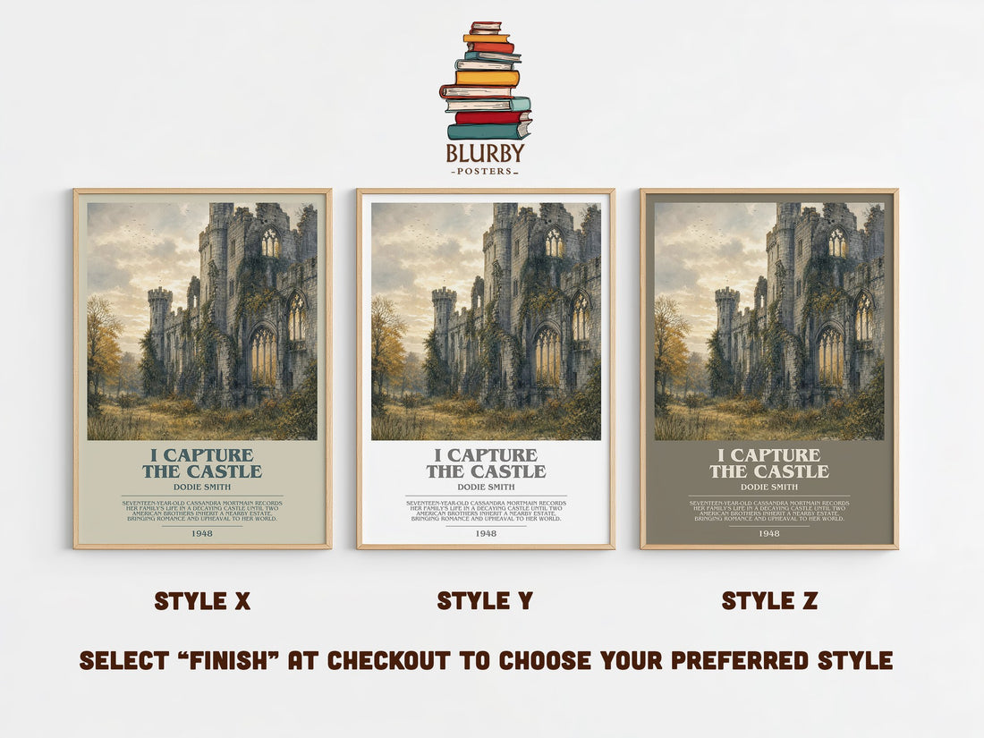 I Capture the Castle bookish print in frame leaning in hallway – coming of age wall art (mockup)