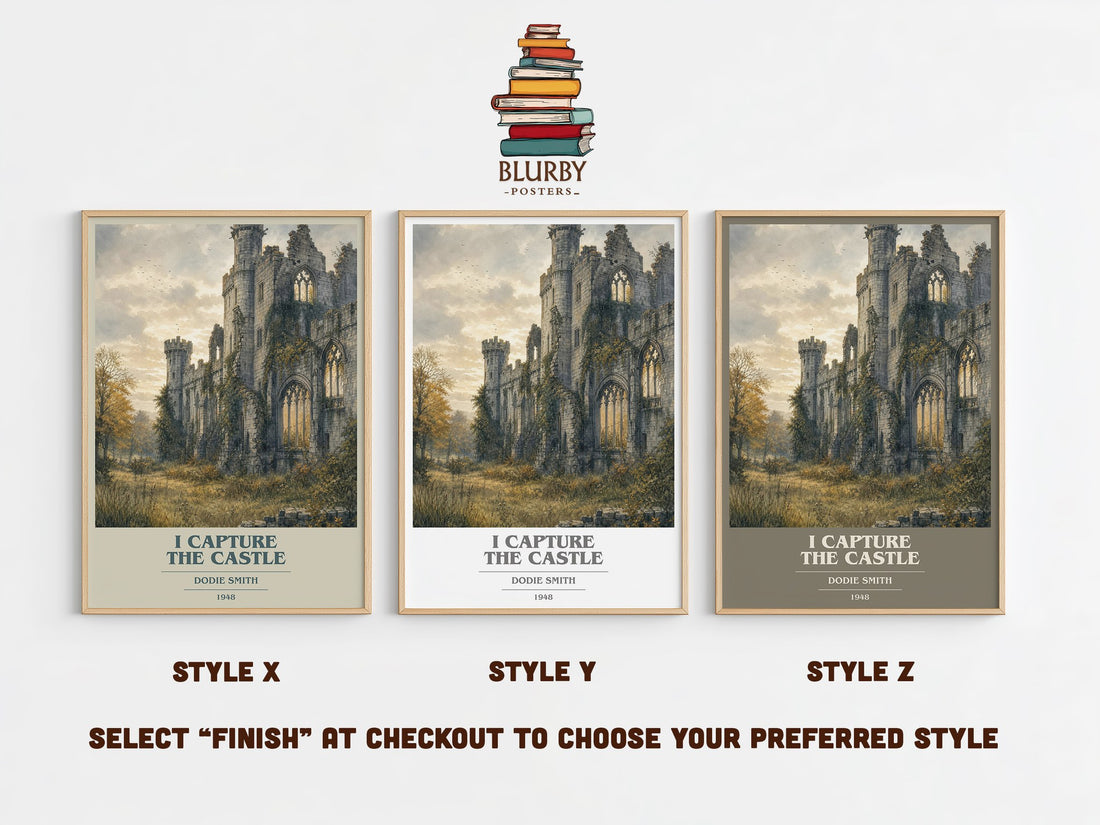 I Capture the Castle book cover print in frame leaning in hallway – coming of age wall art (mockup)