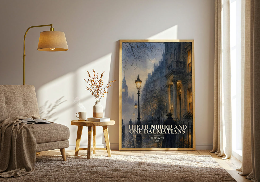The Hundred and One Dalmatians watercolour print in frame leaning in hallway – childrens wall art