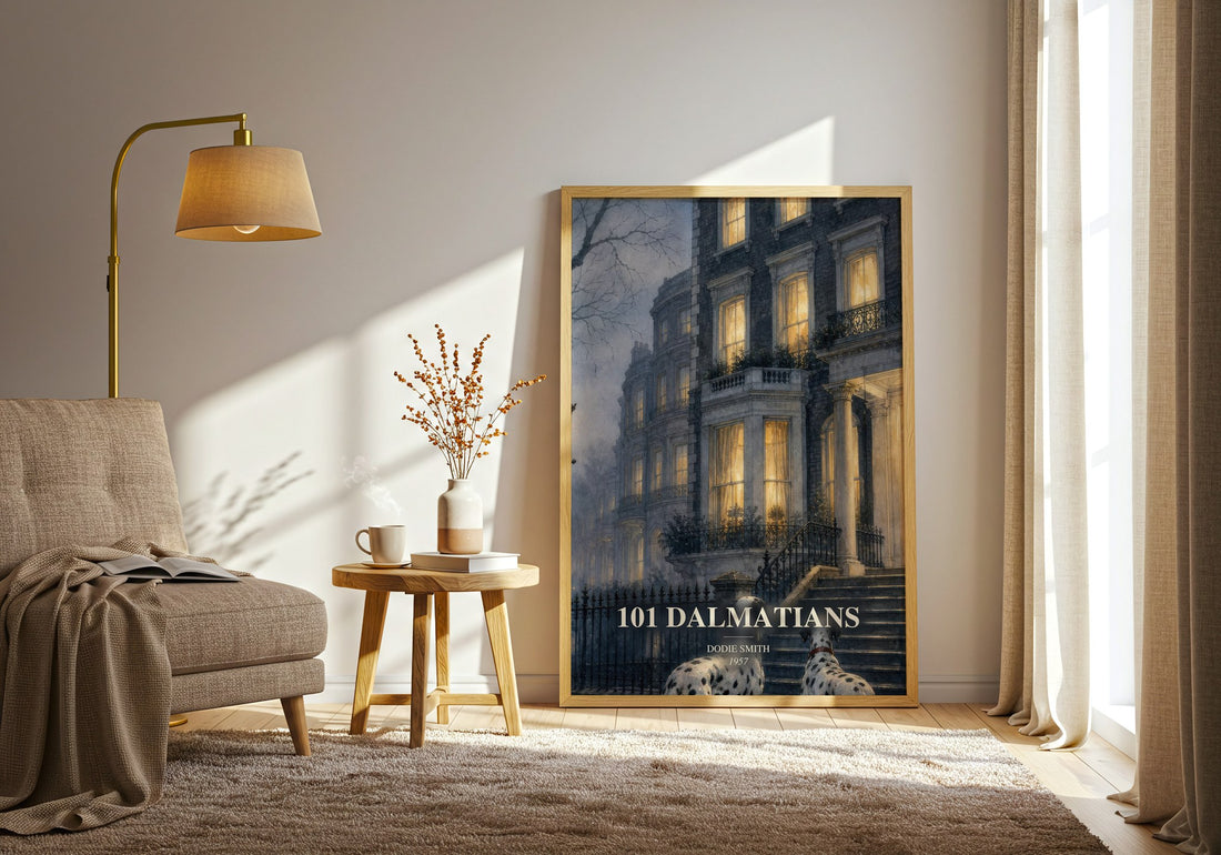 101 Dalmatians watercolour print in frame leaning in hallway – childrens wall art