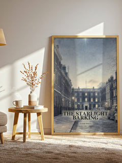 The starlight barking watercolour print in frame leaning in hallway – childrens wall art