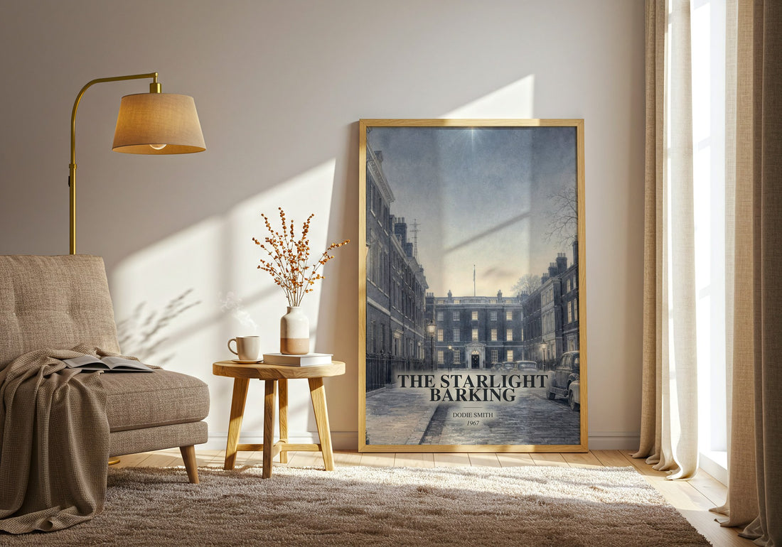 The starlight barking watercolour print in frame leaning in hallway – childrens wall art