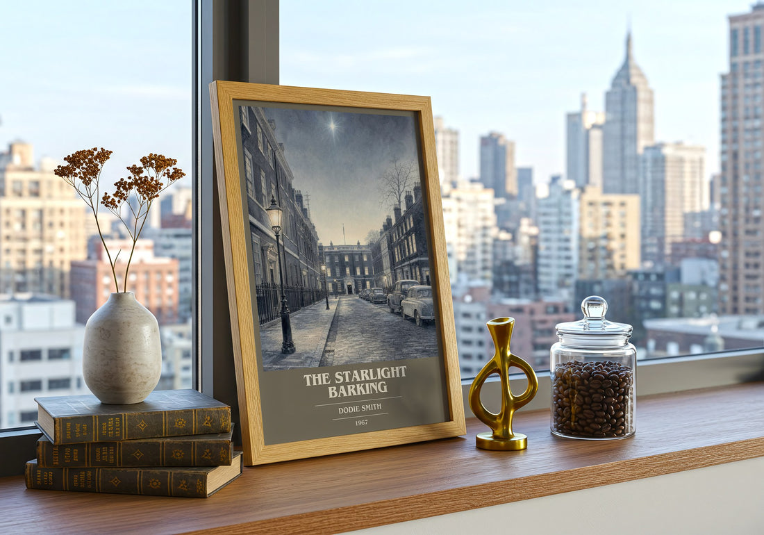 The starlight barking book cover print framed by window – literary home decor