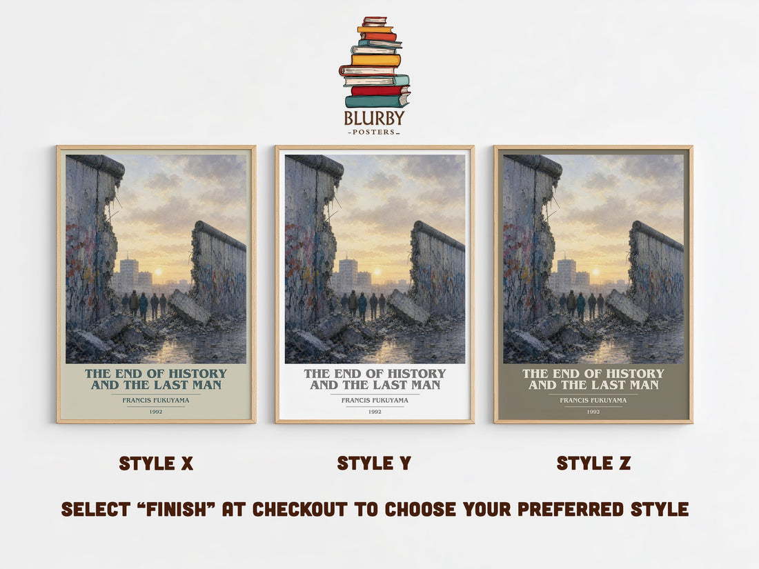 The End of History and the Last Man book cover print in frame leaning in hallway – non fiction wall art (mockup)