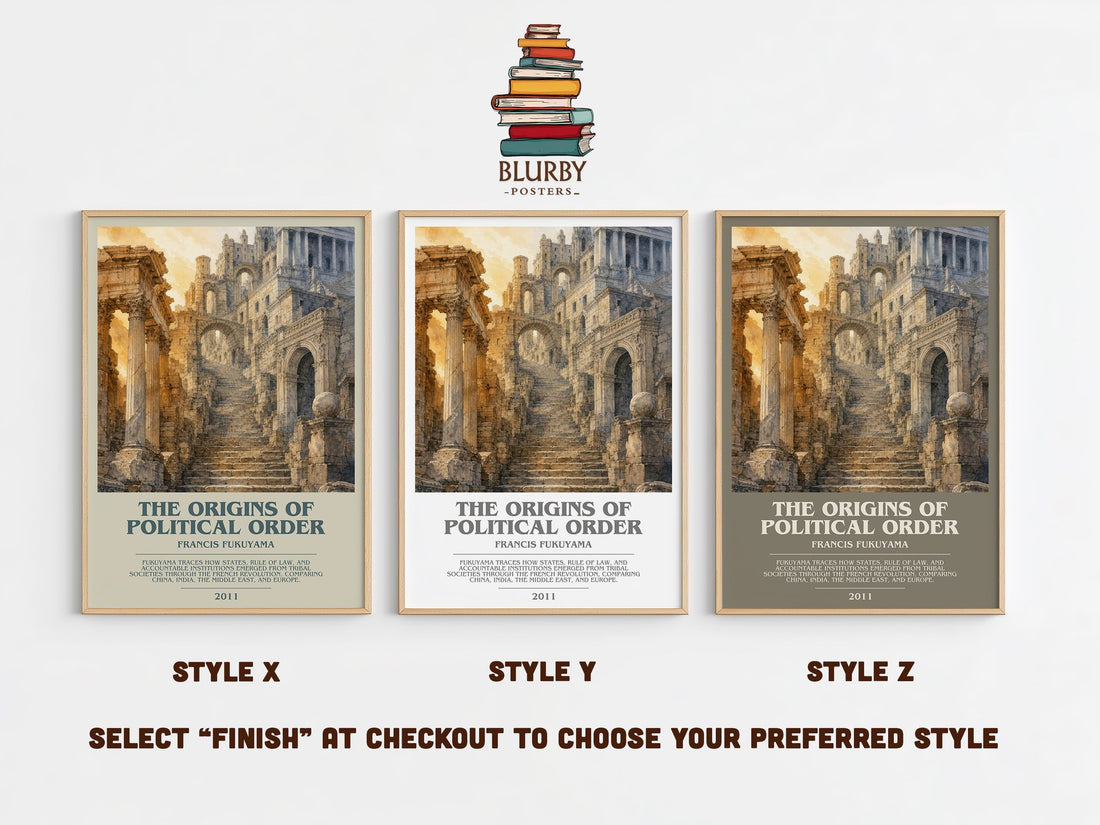 The origins of political order bookish print in frame leaning in hallway – non fiction wall art (mockup)