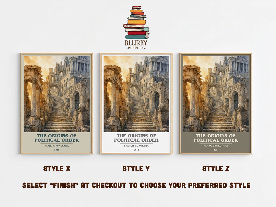 The origins of political order book cover print in frame leaning in hallway – non fiction wall art (mockup)