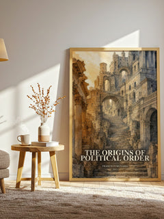The origins of political order watercolour print in frame leaning in hallway – non fiction wall art