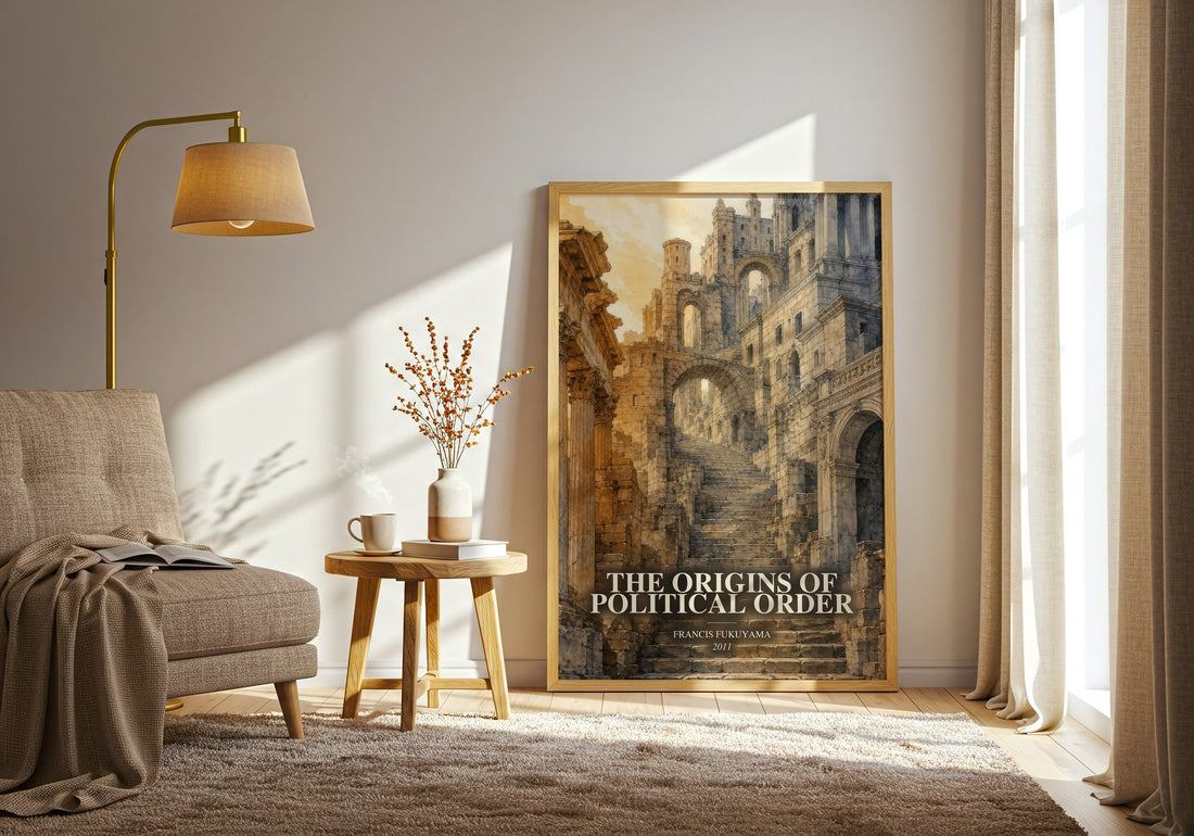 The origins of political order watercolour print in frame leaning in hallway – non fiction wall art