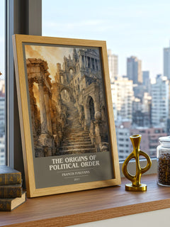 The origins of political order book cover print framed by window – literary home decor