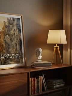 The origins of political order watercolour print on bookshelf – Francis Fukuyama fan gift
