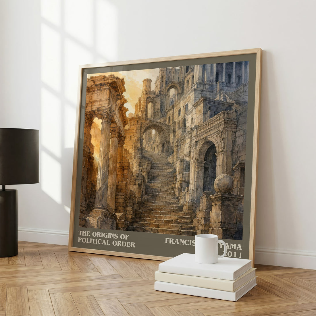 The origins of political order literary print framed by window – literary home decor