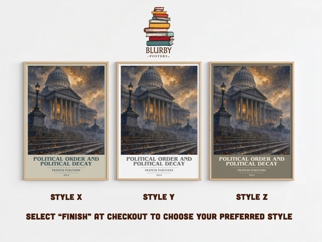 Political order and political decay book cover print in frame leaning in hallway – non fiction wall art (mockup)