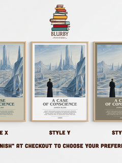A Case of Conscience bookish print in frame leaning in hallway – sci fi wall art