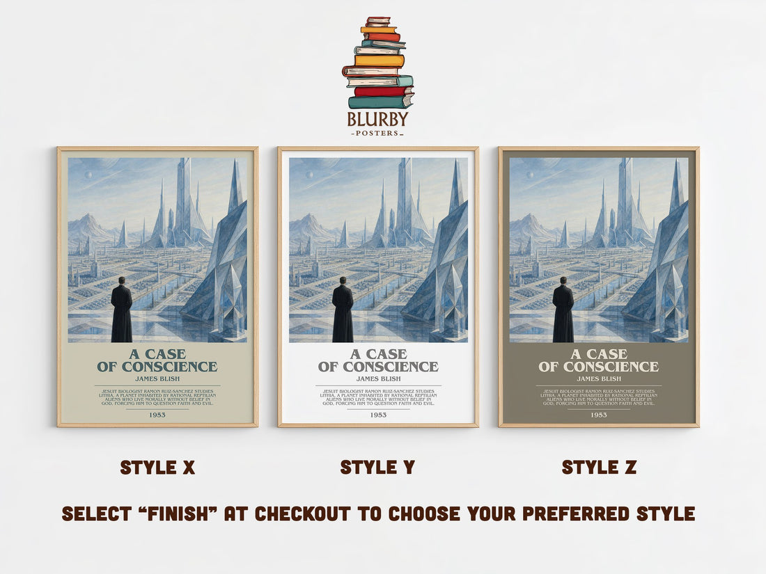 A Case of Conscience bookish print in frame leaning in hallway – sci fi wall art (mockup)