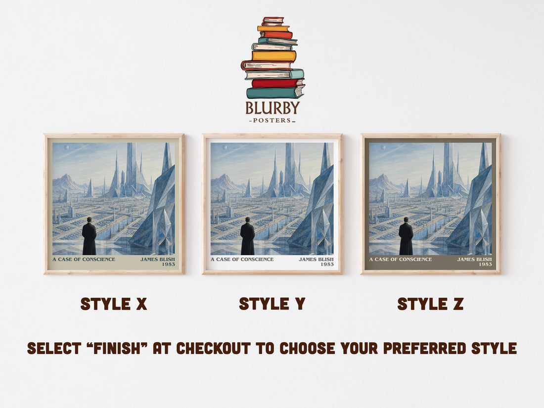 A Case of Conscience literary print in frame leaning in hallway – sci fi wall art (mockup)