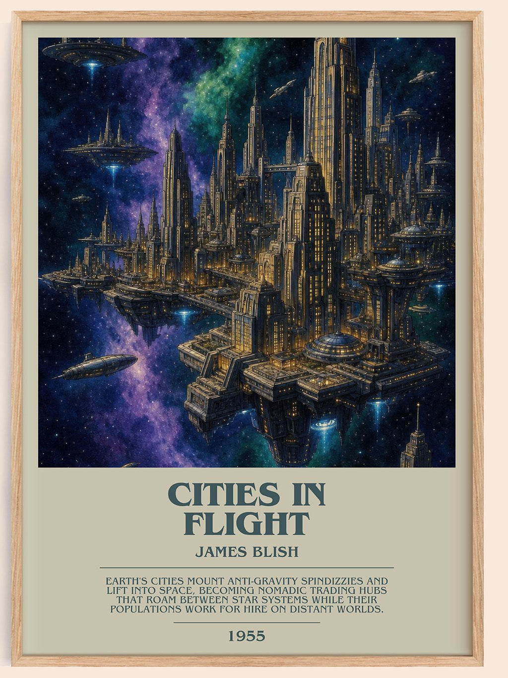 Cities in Flight bookish book poster by James Blish – framed literary art print