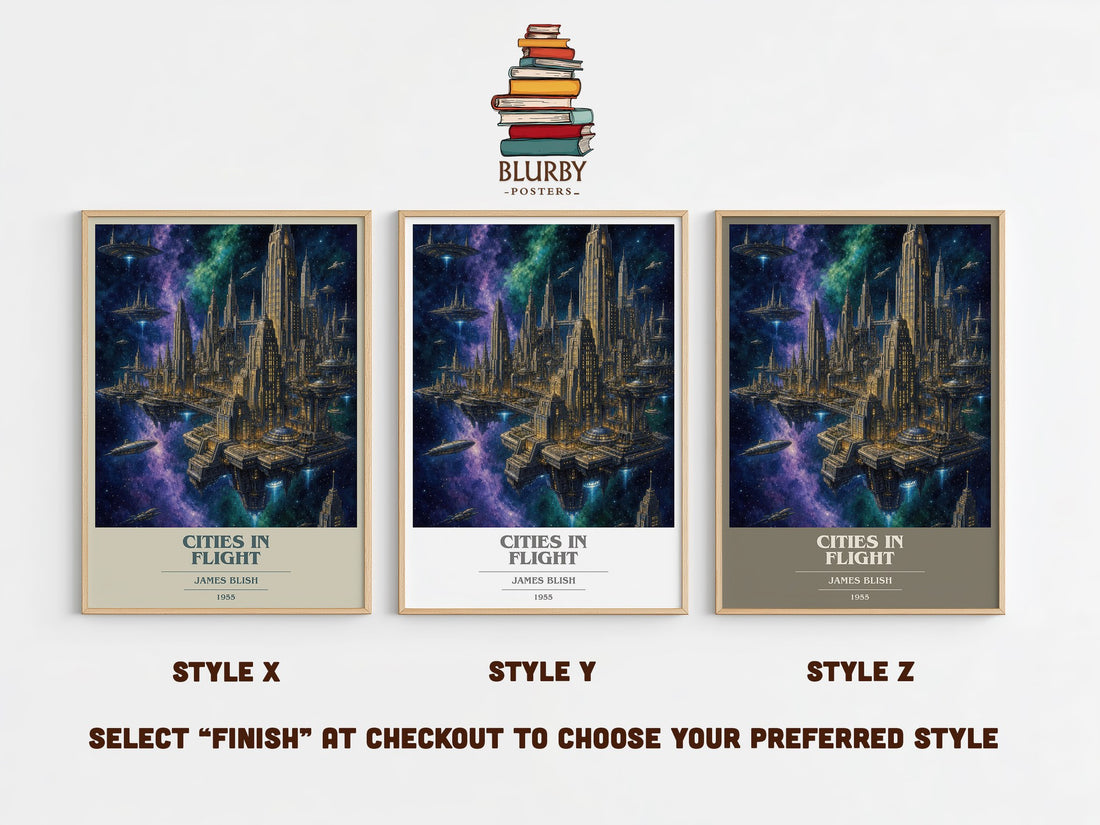 Cities in Flight book cover print in frame leaning in hallway – sci fi wall art (mockup)