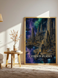 Cities in Flight watercolour print in frame leaning in hallway – sci fi wall art