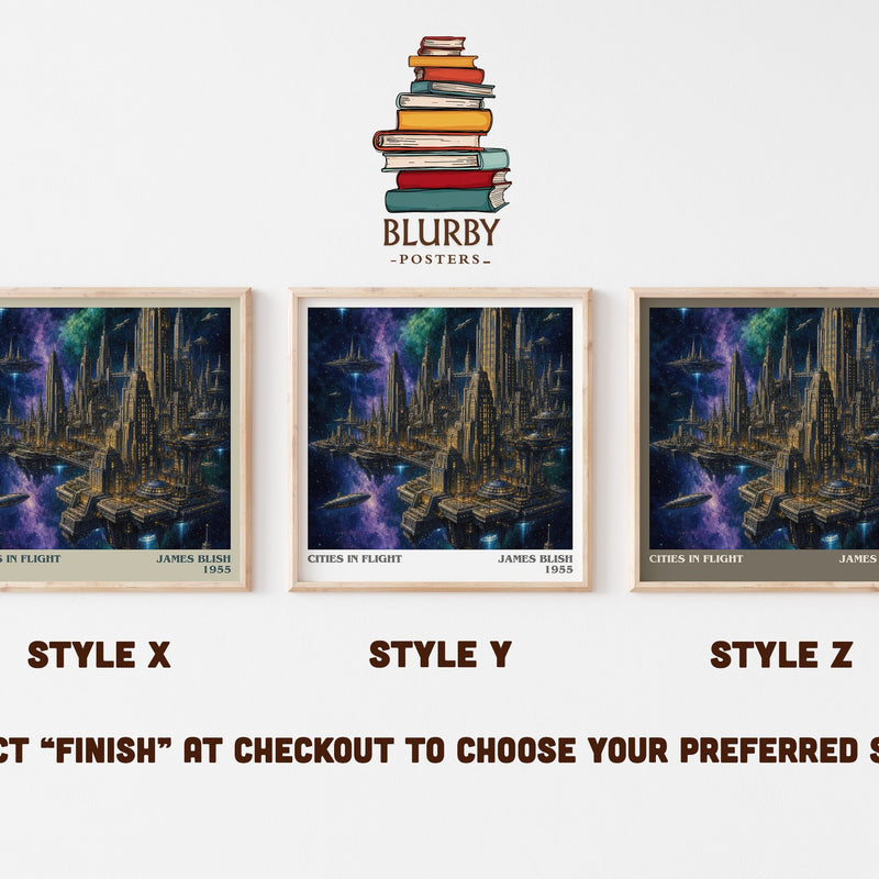 Cities in Flight literary print in frame leaning in hallway – sci fi wall art
