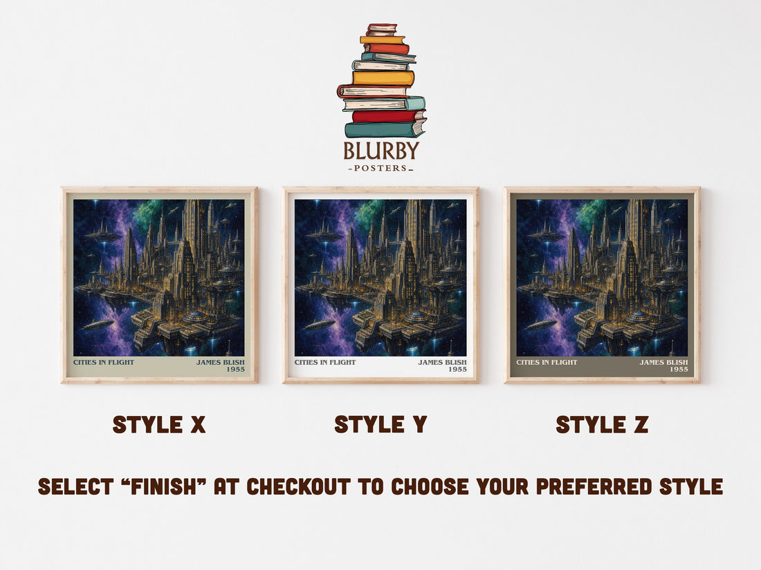 Cities in Flight literary print in frame leaning in hallway – sci fi wall art (mockup)
