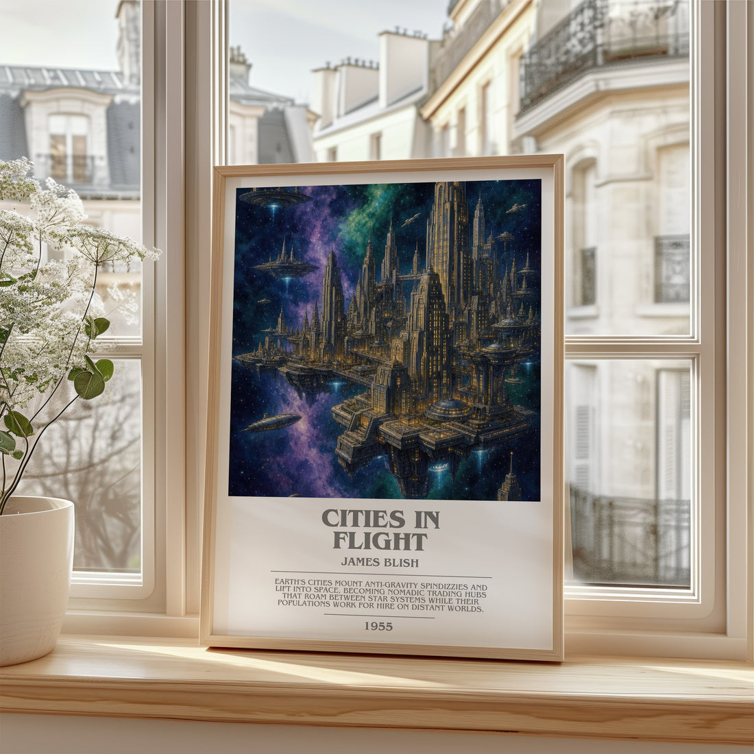 Cities in Flight bookish poster colour and style options – James Blish book art