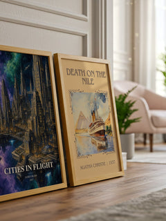 Cities in Flight watercolour print framed by window – literary home decor