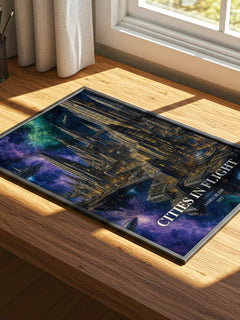 Cities in Flight watercolour book poster framed on wall – sci fi wall art