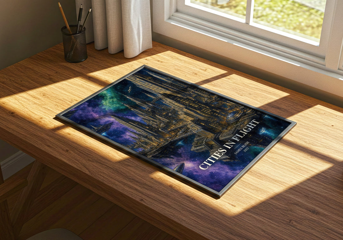 Cities in Flight watercolour book poster framed on wall – sci fi wall art