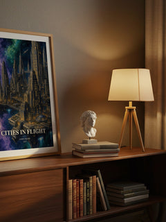Cities in Flight watercolour print on bookshelf – James Blish fan gift