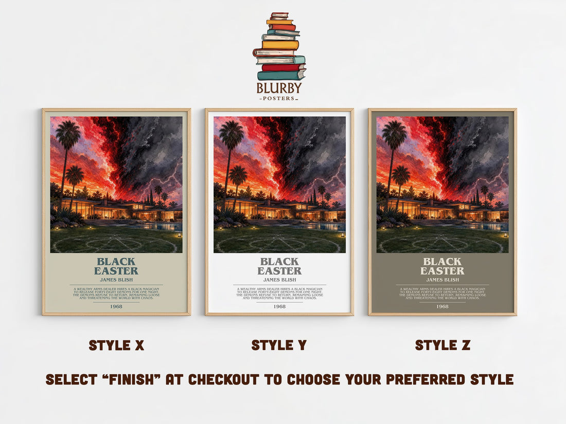 Black Easter bookish print in frame leaning in hallway – horror wall art (mockup)