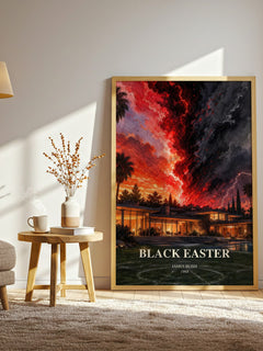 Black Easter watercolour print in frame leaning in hallway – horror wall art