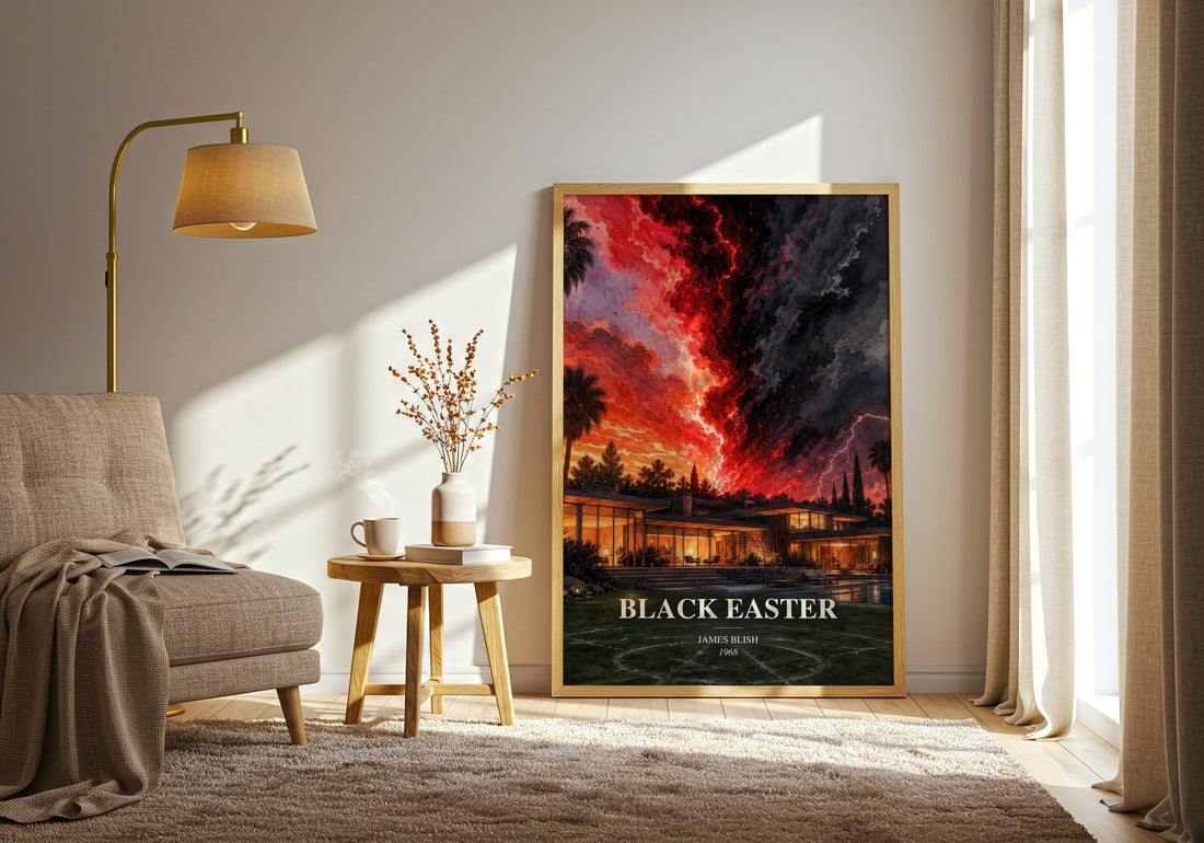 Black Easter watercolour print in frame leaning in hallway – horror wall art